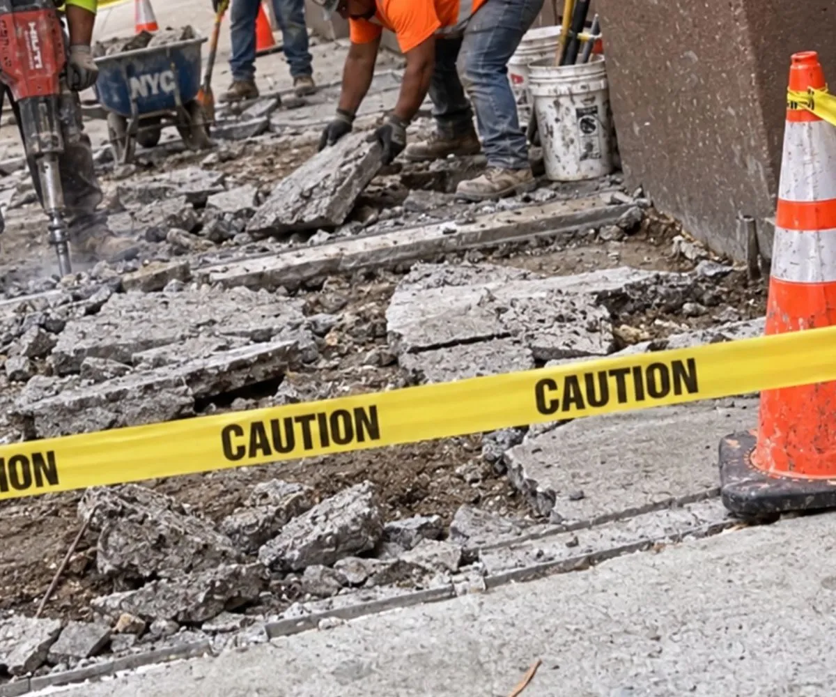 Workers removing damaged sidewalk concrete at 53 W 71st St in Manhattan with cones and caution tape around the work area.