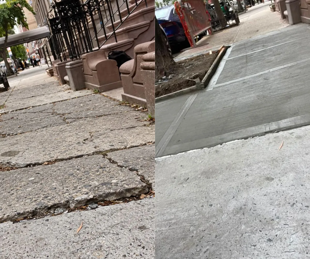 Before-and-after view showing lifted, cracked sidewalk slabs and the completed concrete replacement at 53 W 71st St, Manhattan.
