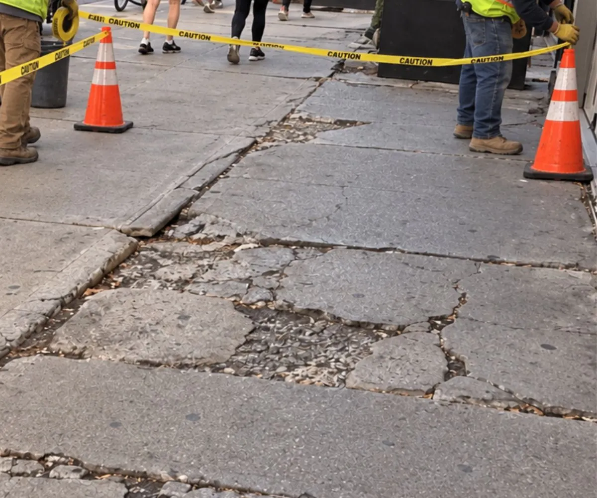 Damaged sidewalk at 1477 2nd Avenue secured with traffic cones and caution tape before concrete replacement.
