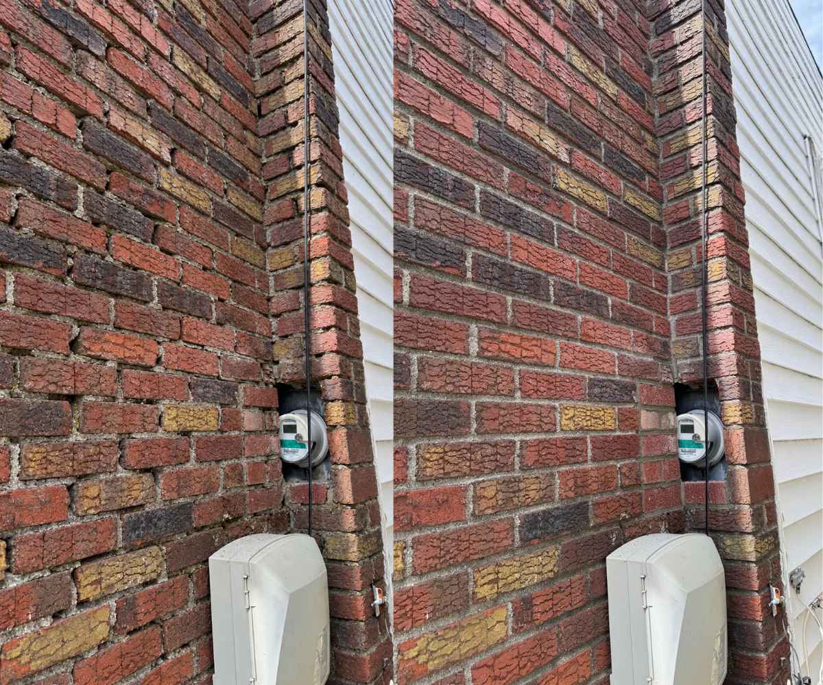 Before-and-after view showing deteriorated mortar joints and completed brick repointing at 1947 7th Ave in Manhattan.