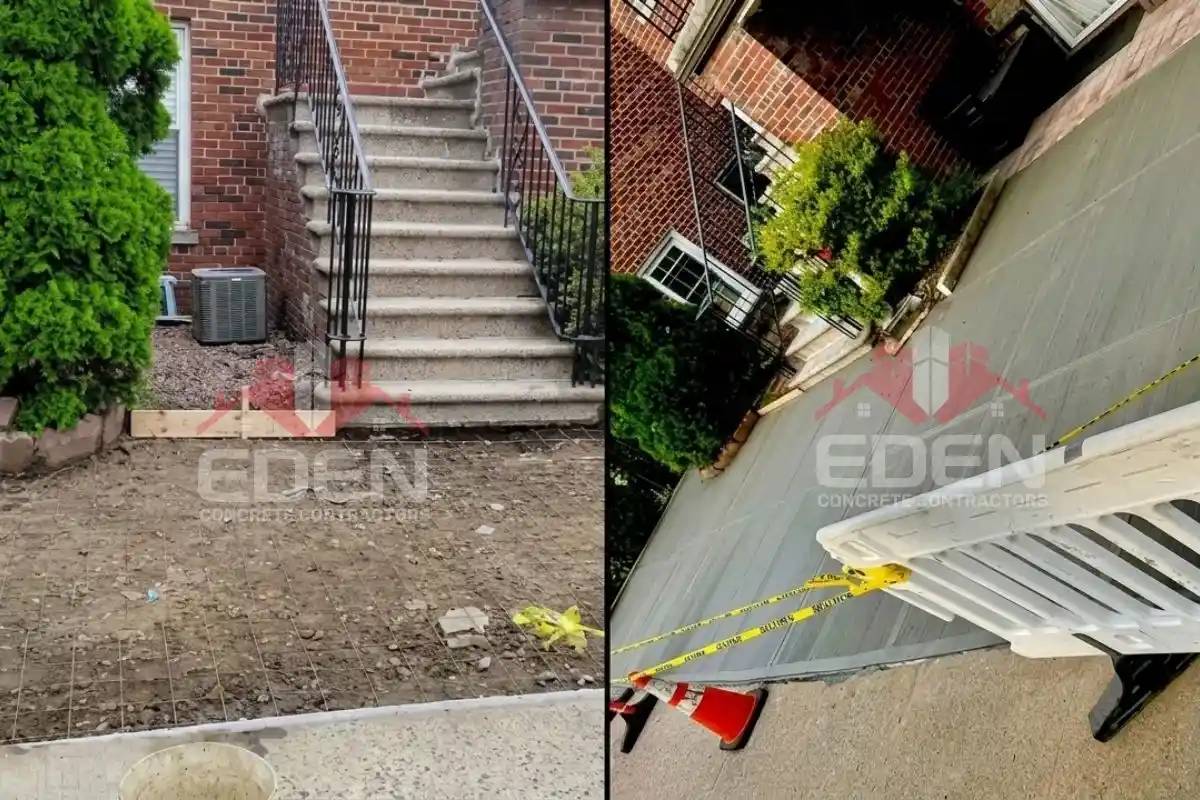 Before and after sidewalk installation at 2074 Narragansett Ave, Bronx - wire mesh over excavated ground and the finished concrete sidewalk