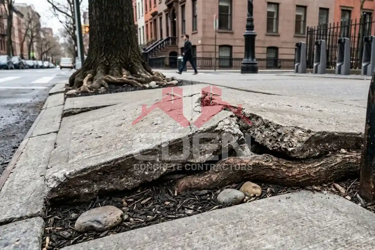 Tree roots lifting and cracking a concrete sidewalk in new york city.