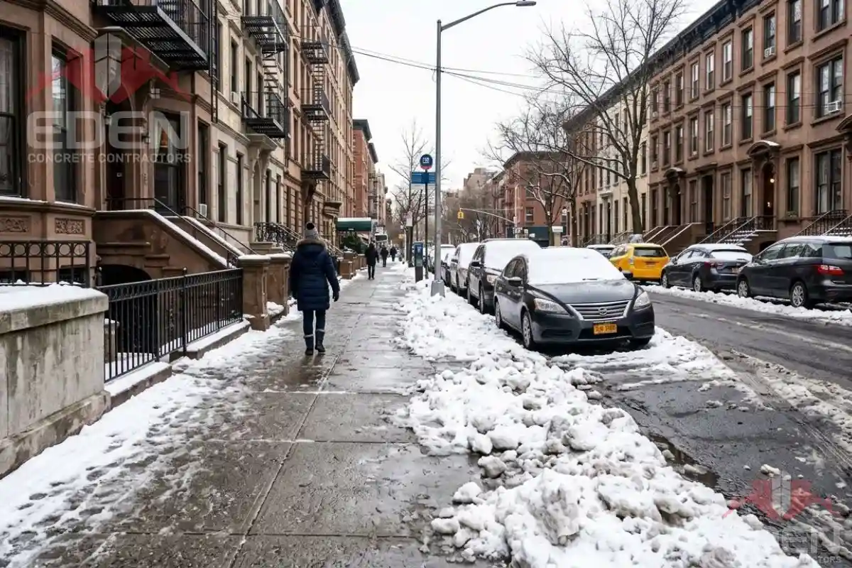Snow covering a concrete sidewalk in New York City during winter.