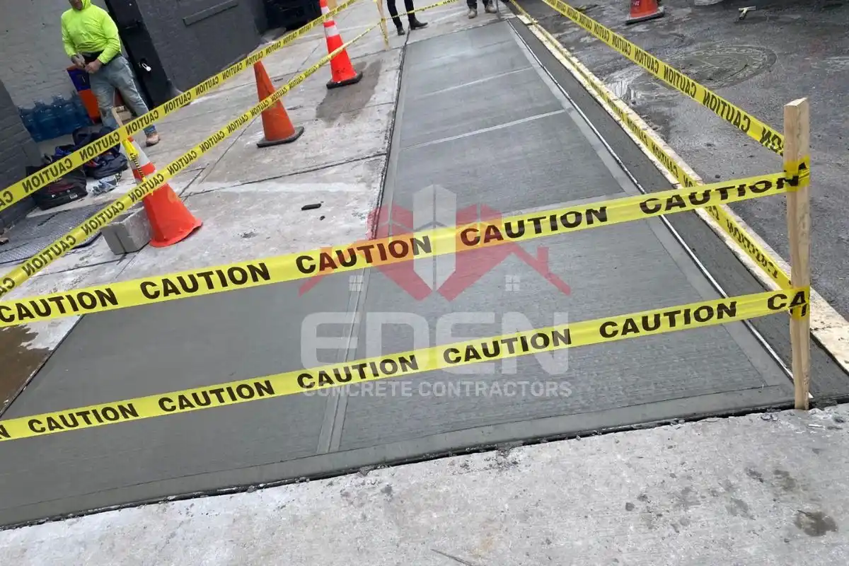 Damaged new york city sidewalk with cracks and uneven slabs requiring repair to resolve sidewalk violations.