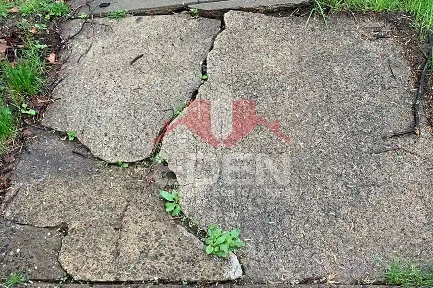 Cracked and uneven concrete sidewalk in new york city showing common sidewalk damage types.